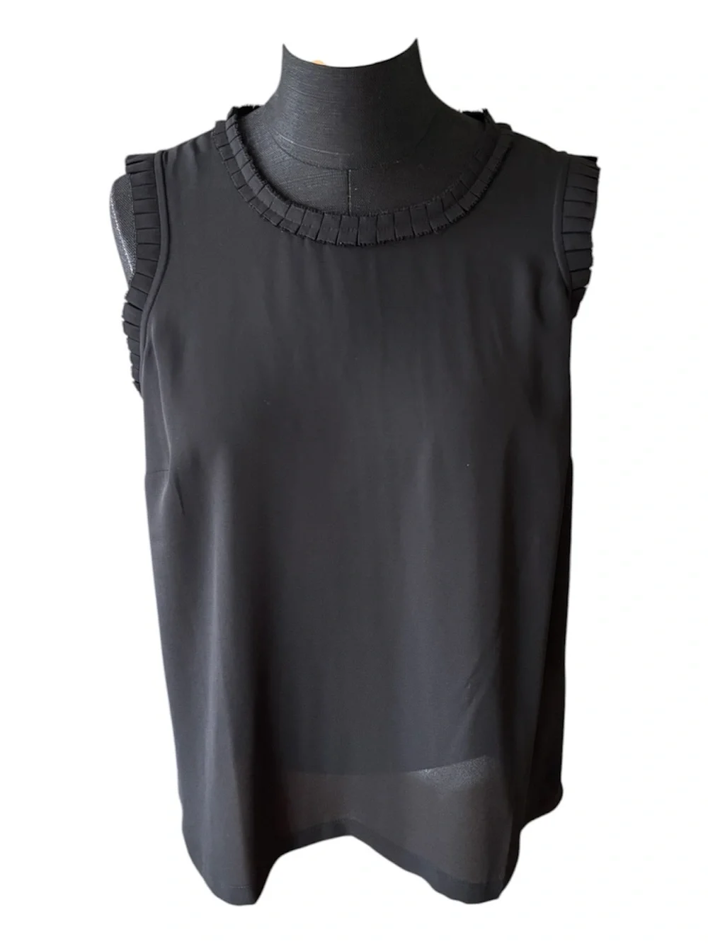J.Crew Black Sleeveless Top with Pleated Raffle Trim Blouse Minimalist Size 6